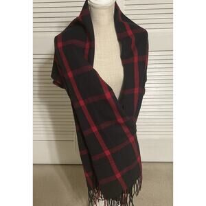 J Crew Red Black Plaid Scarf/ Shawl With Fringe